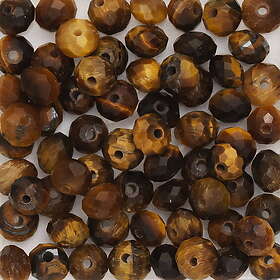 CirKa 80 facetterade pärlor i bruna och ljusbruna nyanser – natursten tigeröga – 4 mm i diameter, 2,5 mm tjocka, 0,9 mm håldiameter