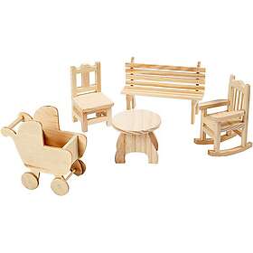 Creative Company Minimöbler, stol, bänk, gungstol, bord, barnvagn, H: 5.8-10.5 c