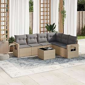 vidaXL Matgrupp för trädgården med dynor 7 delar beige konstrotting 3252556