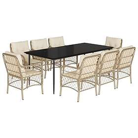 vidaXL Matgrupp för trädgården med dynor 9 delar beige konstrotting 3212144