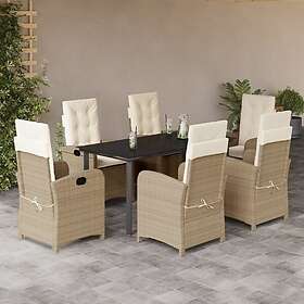 vidaXL Matgrupp för trädgården med dynor 7 delar beige konstrotting 3212385