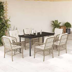 vidaXL Matgrupp för trädgården med dynor 7 delar beige konstrotting 3212149