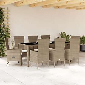 vidaXL Matgrupp för trädgården med dynor 9 delar beige konstrotting 3277582