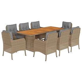 vidaXL Matgrupp för trädgården med dynor 9 delar beige konstrotting 3211903