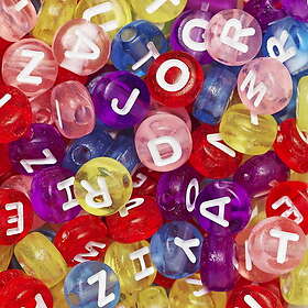 Panduro Hobby 500 färgglada bokstavspärlor, transparenta med vit text, A-Z, Ø7 m