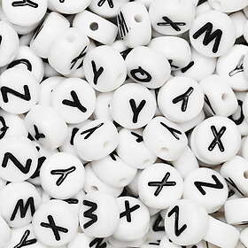 Panduro Hobby 50 vita bokstavspärlor Q, W, X, Y, Z med svart tryck – Ø7 mm