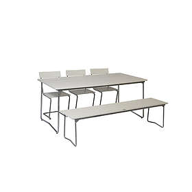 Grythyttan Stålmöbler B31 matgrupp Vitlackad ek/galvat 3 stolar, bänk 170 cm & bord 170 x 92 cm