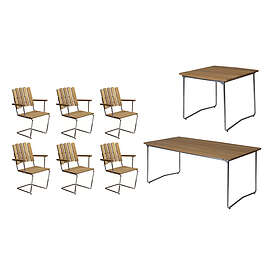 Grythyttan Stålmöbler B31 matgrupp Oljad ek/galvat 6 fåtöljer, bord 84 x 92 cm & bord 170 x 92 cm