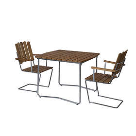 Grythyttan Stålmöbler B31 matgrupp Teak/galvat 2 fåtöljer & bord 84 x 92 cm