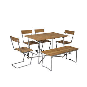 Grythyttan Stålmöbler B25 matgrupp Teak/galvat 4 stolar, bänk 110 cm & bord 120 