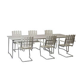 Grythyttan Stålmöbler B31 matgrupp Vitlackad ek/galvat 6 fåtöljer, bord 84 x 92 cm & bord 170 x 92 cm