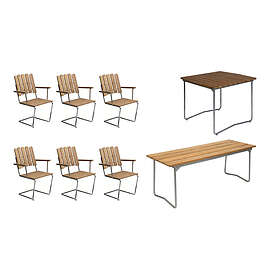 Grythyttan Stålmöbler B31 matgrupp Teak/galvat 6 fåtöljer, bänk 110 cm, bord 84 x 92 cm & bord 170 x 92 cm