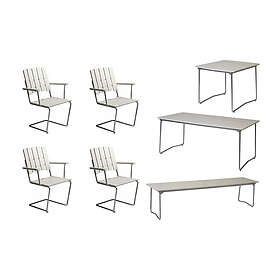 Grythyttan Stålmöbler B31 matgrupp Vitlackad ek/galvat 4 fåtöljer, bänk 170 cm, bord 84 x 92 cm & bord 190 x 92 cm