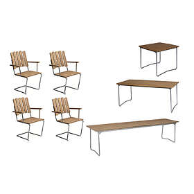 Grythyttan Stålmöbler B31 matgrupp Teak/galvat 4 fåtöljer, bänk 170 cm, bord 84 x 92 cm & bord 190 x 92 cm
