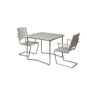 Grythyttan Stålmöbler B31 matgrupp Vitlackad ek/galvat 2 fåtöljer & bord 84 x 92 cm