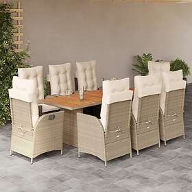 vidaXL Matgrupp för trädgården med dynor 9 delar beige konstrotting 3213147