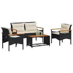 vidaXL Soffgrupp för trädgård med dynor 4 delar svart konstrotting 368398