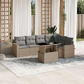 vidaXL Matgrupp för trädgården med dynor 7 delar beige konstrotting 3267299