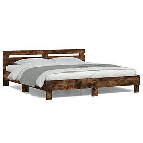 vidaXL Sängram med huvudgavel och LED rökfärgad ek 160x200 cm