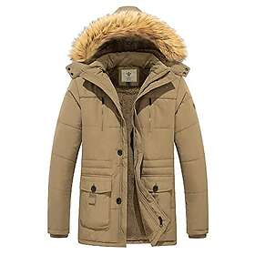 WenVen Herr vinter ledig fleecerock klassisk bomull utomhusjacka fuskpäls trimmad huva rockar mellanlängd vindtät parkas jacka, Khaki
