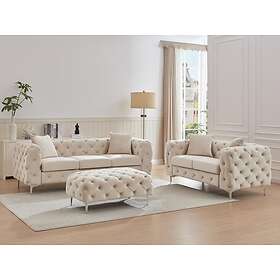Vente Unique Canapé 3 places, 2 places et pouf chesterfield en velours beige EDWINA