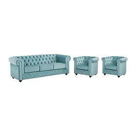Vente Unique Canapé 3 places et 2 fauteuils CHESTERFIELD Velours bleu pastel