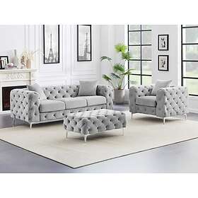 Vente Unique Canapé 3 places, fauteuil et pouf chesterfield en velours gris clair EDWINA