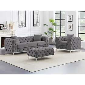 Vente Unique Canapé 3 places, fauteuil et pouf chesterfield en velours anthracite EDWINA