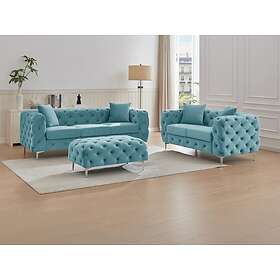 Vente Unique Canapé 3 places, 2 places et pouf chesterfield en velours bleu pastel EDWINA