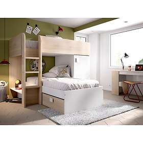 Vente Unique Lits superposés d'angle réversibles RICARDO 2 x 90 x 190 cm Rangements intégrés Chêne et blanc matelas