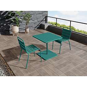 Mylia MIRMANDE Salle à manger de jardin en métal une table L.80 cm et 2 chaises empilables Bleu canard