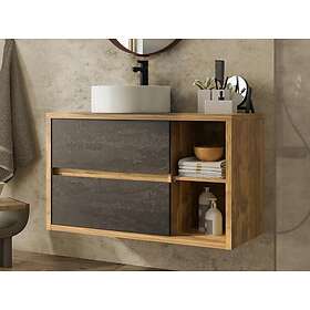 Vente Unique Meuble de salle de bain suspendu avec vasque ronde Coloris naturel et anthracite 100 cm TIKITIKI