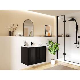 Vente Unique Meuble de salle de bain suspendu strié avec vasque à encastrer Noir L80 cm ZILGA