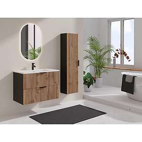 Vente Unique Meuble de salle de bain suspendu strié avec vasque à encastrer et colonne Naturel clair et noir 80 cm MADELA