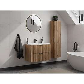 Vente Unique Meuble de salle de bain suspendu strié avec vasque à encastrer et colonne Coloris naturel clair 80 cm ZEVARA