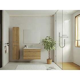 Vente Unique Meuble de salle de bain suspendu simple vasque avec colonne de rangement Coloris naturel clair 80 cm KAYLA