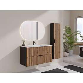 Vente Unique Meuble de salle de bain suspendu strié avec vasque à encastrer et colonne Naturel clair et noir 100 cm MADELA