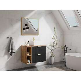 Vente Unique Meuble sous vasque suspendu strié avec niches Noir et naturel clair L80 cm ZEVARA