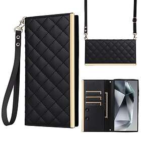 Skalo Samsung S25 Ultra Guldkant Quiltat Axelrem Plånboksfodral