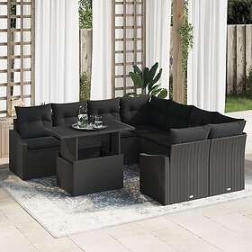 vidaXL Lounge Set 9 Pieces Black Rattan Polyester