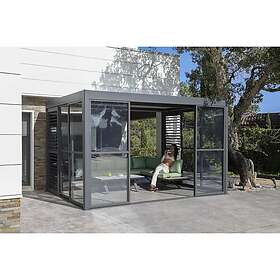 Pergola bioclimatique aluminium autoportée 4x3 véranda Lilas éclairage leds lames blanches