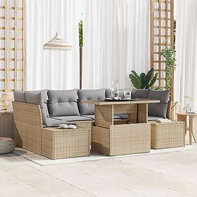 vidaXL Lounge Set 7 Pieces with Cushions Beige Poly Rattan