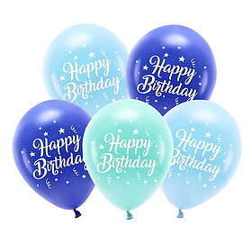 PartyDeco Latexballonger 5-pack Ø26 cm – blått tema med texten Happy Birthday