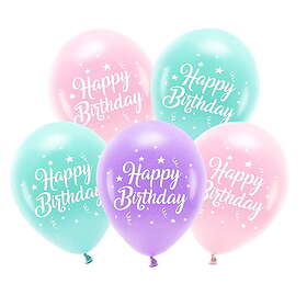 PartyDeco Latexballonger 5-pack Ø26 cm – rosa tema med texten Happy Birthday