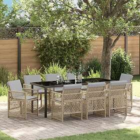 vidaXL 9-delad Trädgårdsmatgrupp med Kuddar Poly Beige Rattan Trädgårdsbord Svart 200x80x73 cm Härdat Glas