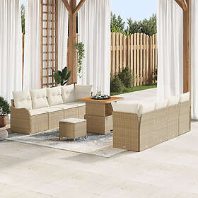vidaXL 11 delar Trädgårdssoffsset med kuddar Beige Poly Rattan Akacia