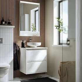 IKEA ÄNGSJÖN LERSJÖN kommod m lådor/tvättställ/kran, högglans vit, vit/vit marmormönstrad, 62x49x79 cm, cm 62x49x79 cm