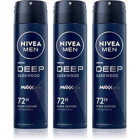 Nivea MEN Deep Black Carbon Darkwood Antiperspirant Spray Ekonomiförpackning för män 3 x 150ml