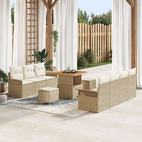 vidaXL Loungesæt 10 Dele med Hynder Beige Poly Rattan Akacie