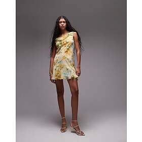 TOPSHOP Cowl Neck Full Hem Mini Tea Dress In Lemon Floral